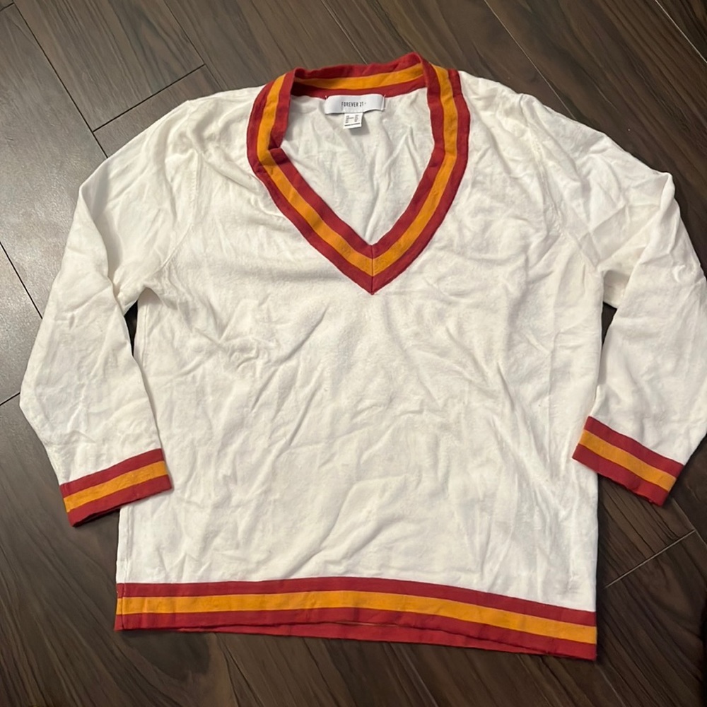 Forever 21 V-Neck Varsity White Sweater - Size 0X